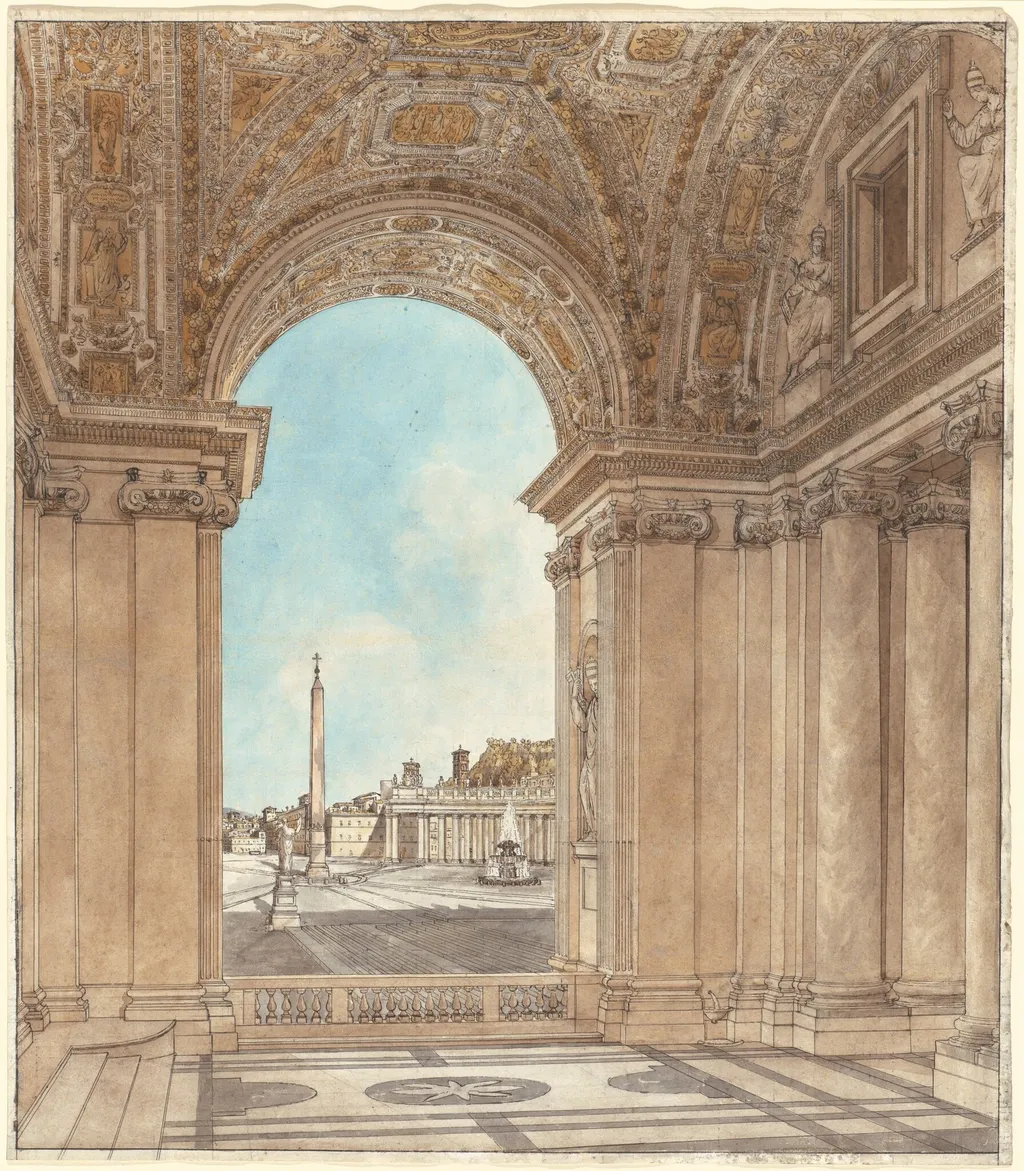 The Piazza of Saint Peter's Seen through an Arch of the Basilica, by Giacomo Quarenghi, ink, 1778