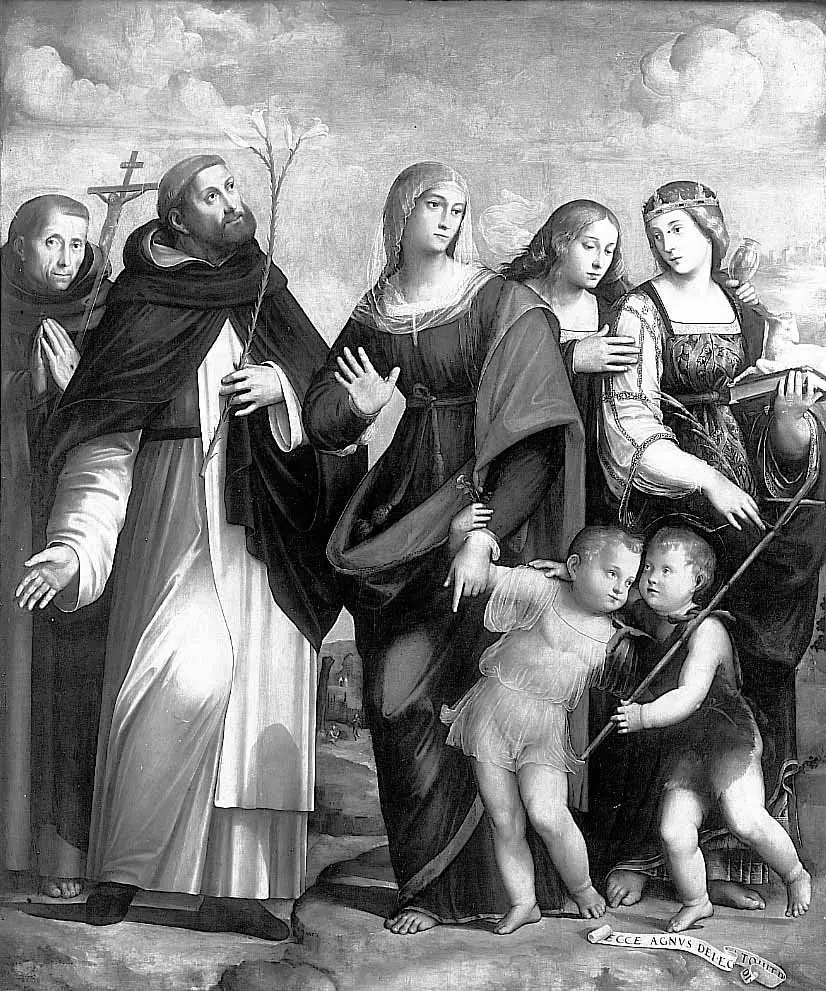 The Virgin and Child with Young St. John and the Sts. Dominic, Francis of Assisi, Agnes and Mary Magdalene, by Giacomo Raibolini
