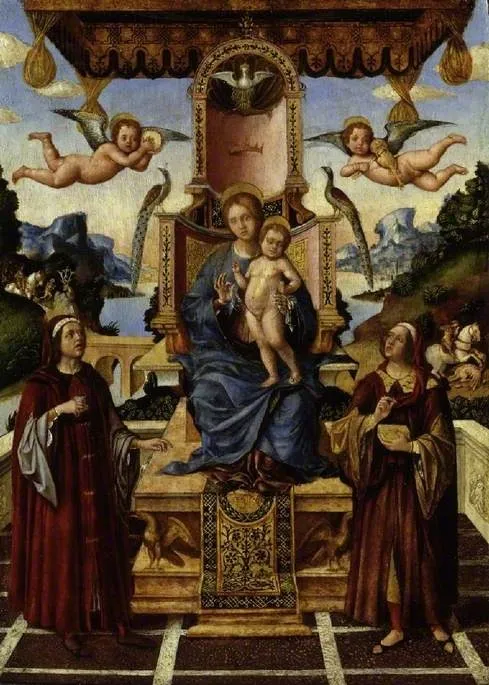 The Virgin and Child Enthroned with Saints Cosmas and Damian, Saint Eustace and Saint George in the Background, by Gian-Francesco de Maineri, oil, 1500