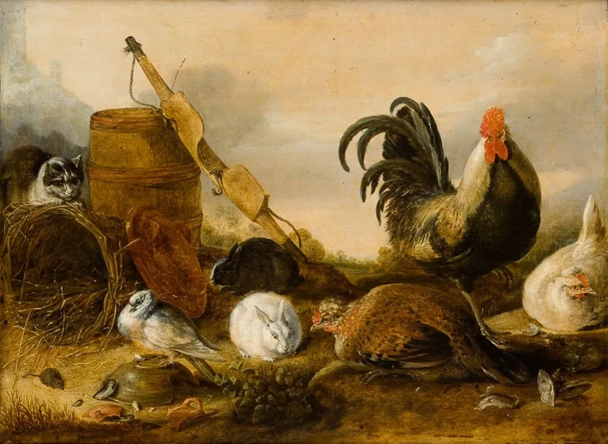 Animals in the yard., by Gijsbert d'Hondecoeter, oil, 1632