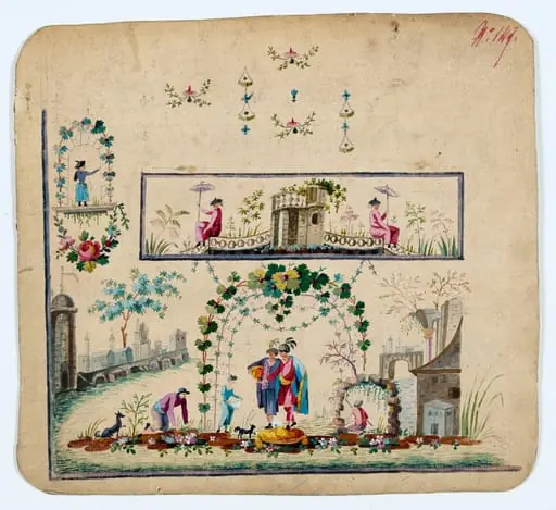 Gilet avec personnages traversant la rivière, projets de broderies de gilet, XVIIIème siècle