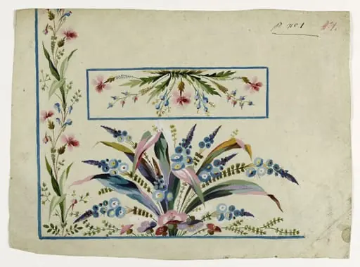 Gilet décor bouquet de bleuets et d'oeillets, projets de broderies de gilet, XVIIIème siècle