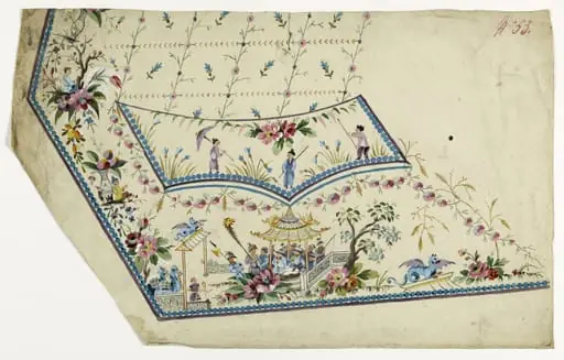 Gilet décor chinois sous une pagode, projets de broderies de gilet, XVIIIème siècle