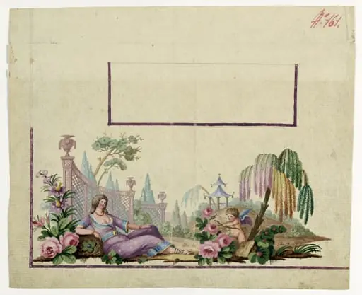 Gilet décor la déesse Flore dans un paysage de treillage, projets de broderies de gilet, XVIIIème siècle