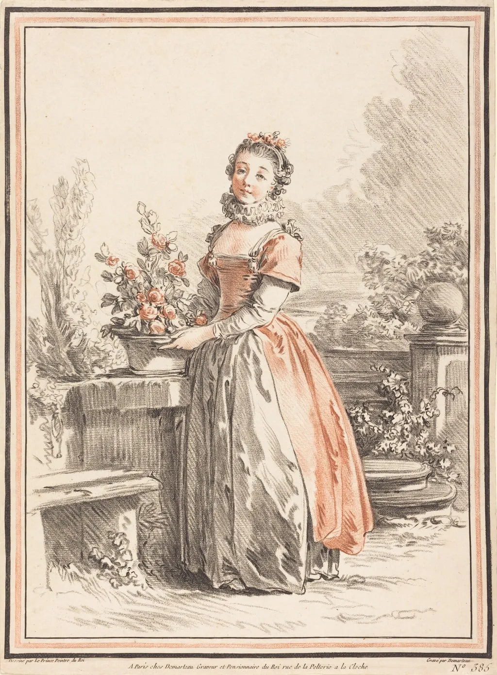 A Young Woman Standing in a Park, by Gilles-Antoine Demarteau, chalk, 1770