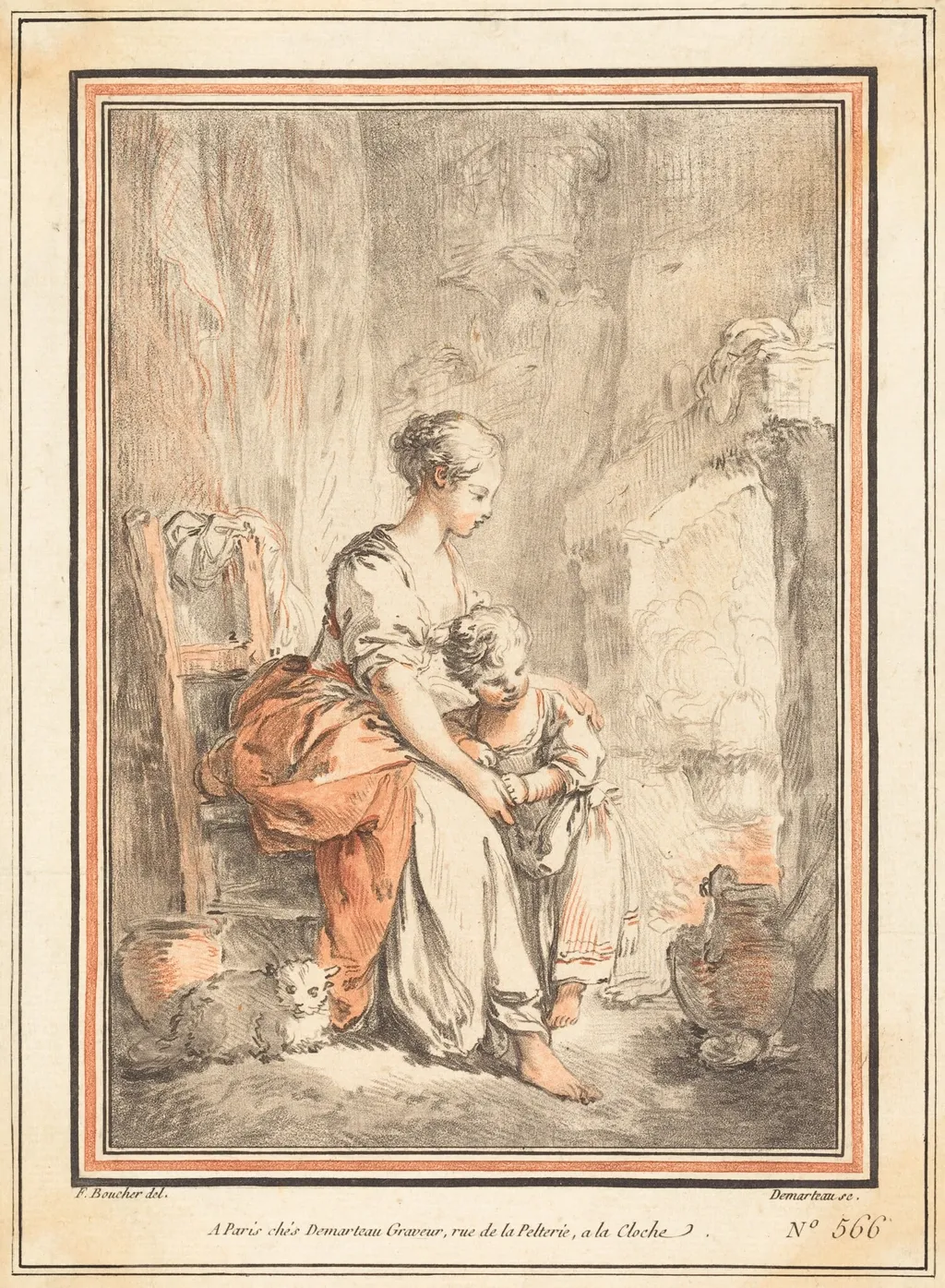 Woman and Child before a Fireplace, by Gilles-Antoine Demarteau, chalk, 1776