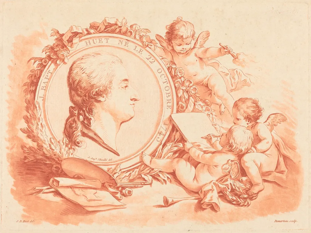 Allegorical Portrait of Jean-Baptiste Hüet, by Gilles Demarteau the Elder, chalk, 1775