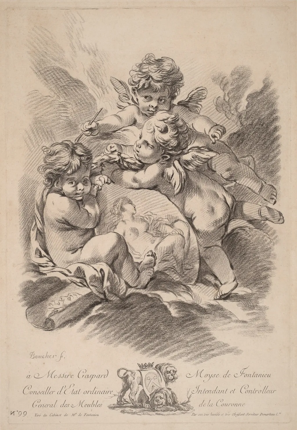 Allegory of Painting with Three Cherubs (99), by Gilles Demarteau the Elder, chalk, 1749