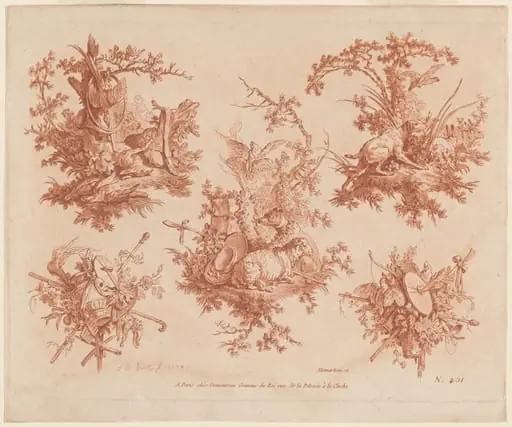 Five Trophies with Themes of Hunting, Love, and Folly, by Gilles Demarteau the Elder