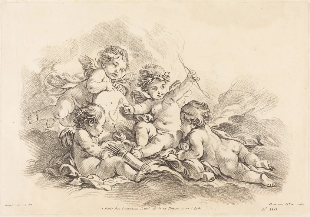 Four Cherubs at Target Practice, by Gilles Demarteau the Elder, chalk, 1749