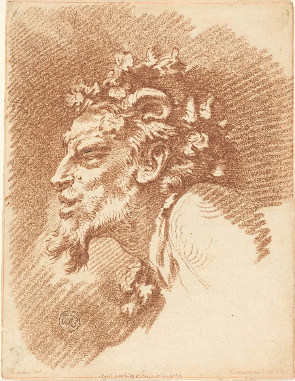Head of a Faun, by Gilles Demarteau the Elder, chalk, 1749
