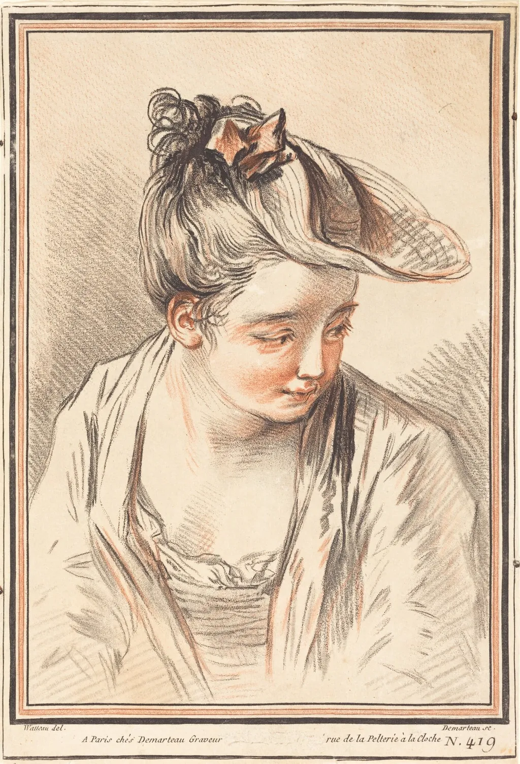 Head of a Young Woman, by Gilles Demarteau the Elder, chalk, 1773