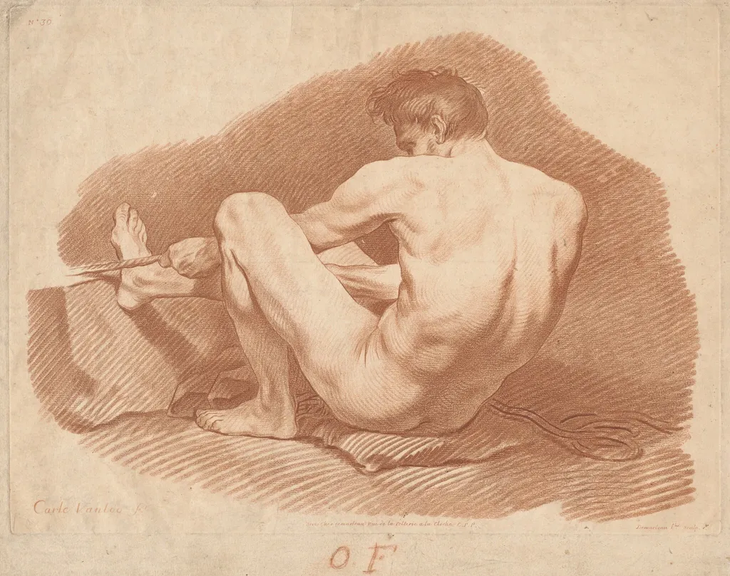 Seated Nude Man, Seen from Behind, Pulling a Rope, by Gilles Demarteau the Elder, chalk, 1760