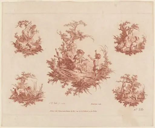 Singerie with Four Vignettes of Dogs Hunting, by Gilles Demarteau the Elder