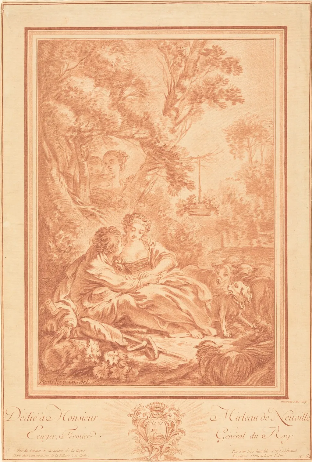 Two Lovers Seated at the Foot of a Large Tree, Surprised by Two Girls, by Gilles Demarteau the Elder, crayon, 1749