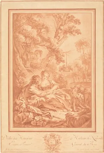 Two Lovers Seated at the Foot of a Large Tree, Surprised by Two Girls, by Gilles Demarteau the Elder