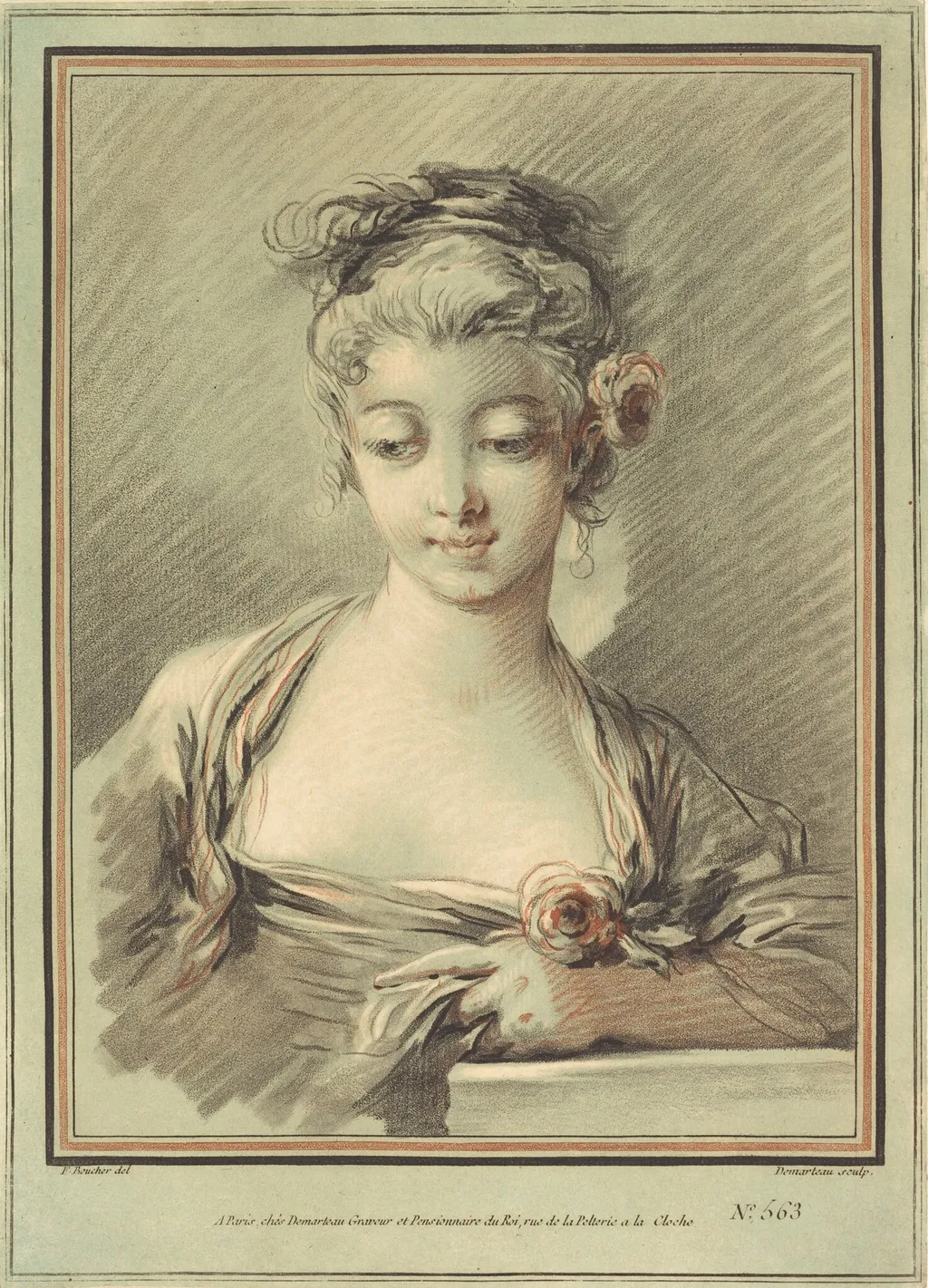 Young Woman with a Rose, by Gilles Demarteau the Elder, chalk, 1776