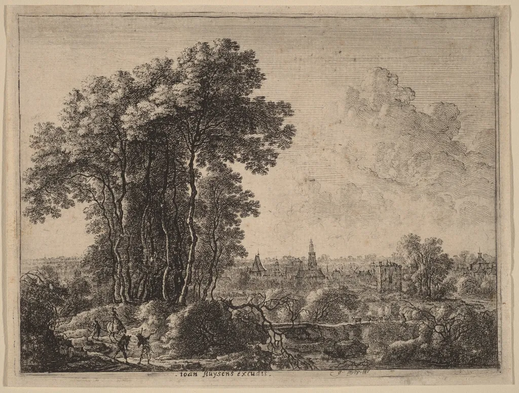 Landscape with Horseman and Three Travelers, by Gilles Neyts, ink, 1655