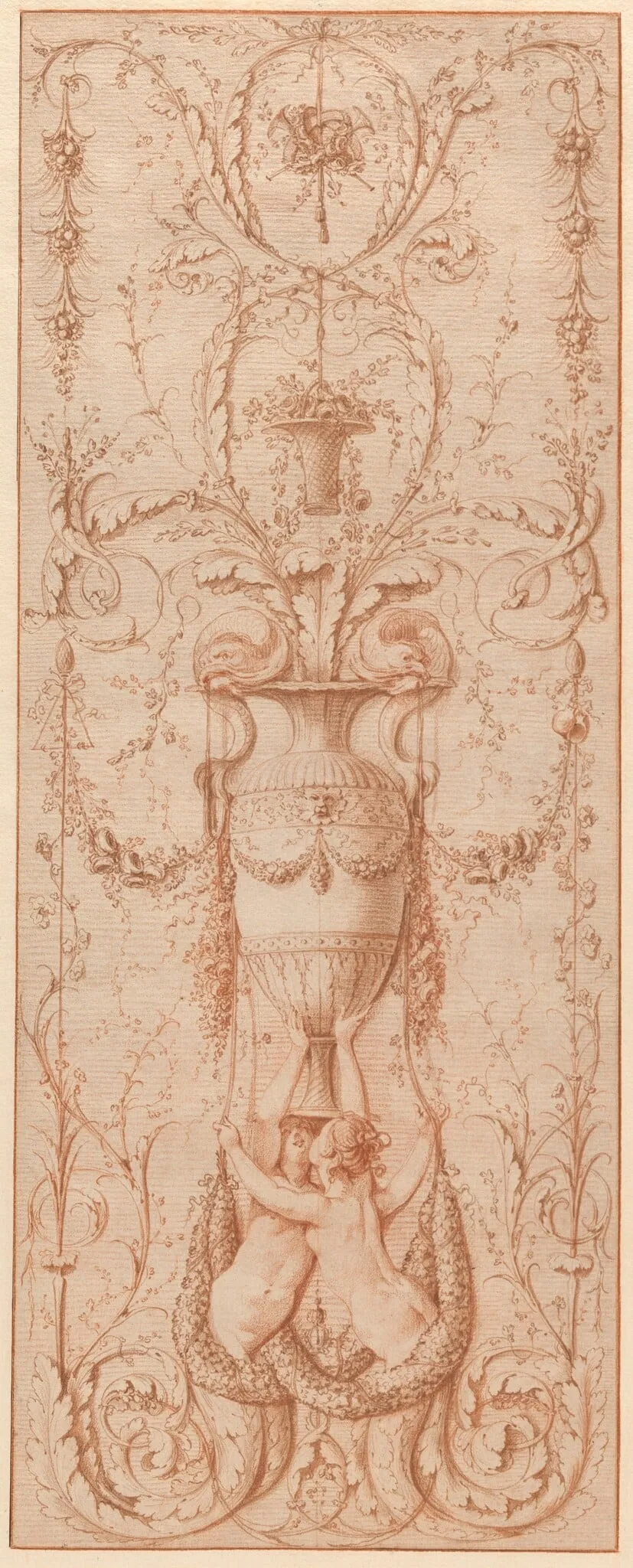 Design for a Decorative Panel with Two Sirens Holding a Vase Embellished with Dolphins and other Decorative Motifs, by Gilles Paul Cauvet, chalk, 1777