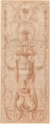 Design for a Decorative Panel with Two Sirens Holding a Vase Embellished with Dolphins and other Decorative Motifs