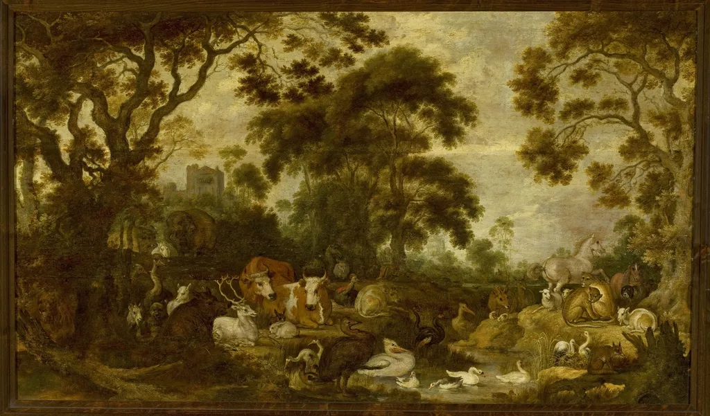 Orpheus among the animals, by Gillis d'Hondecoeter, oil, 1616