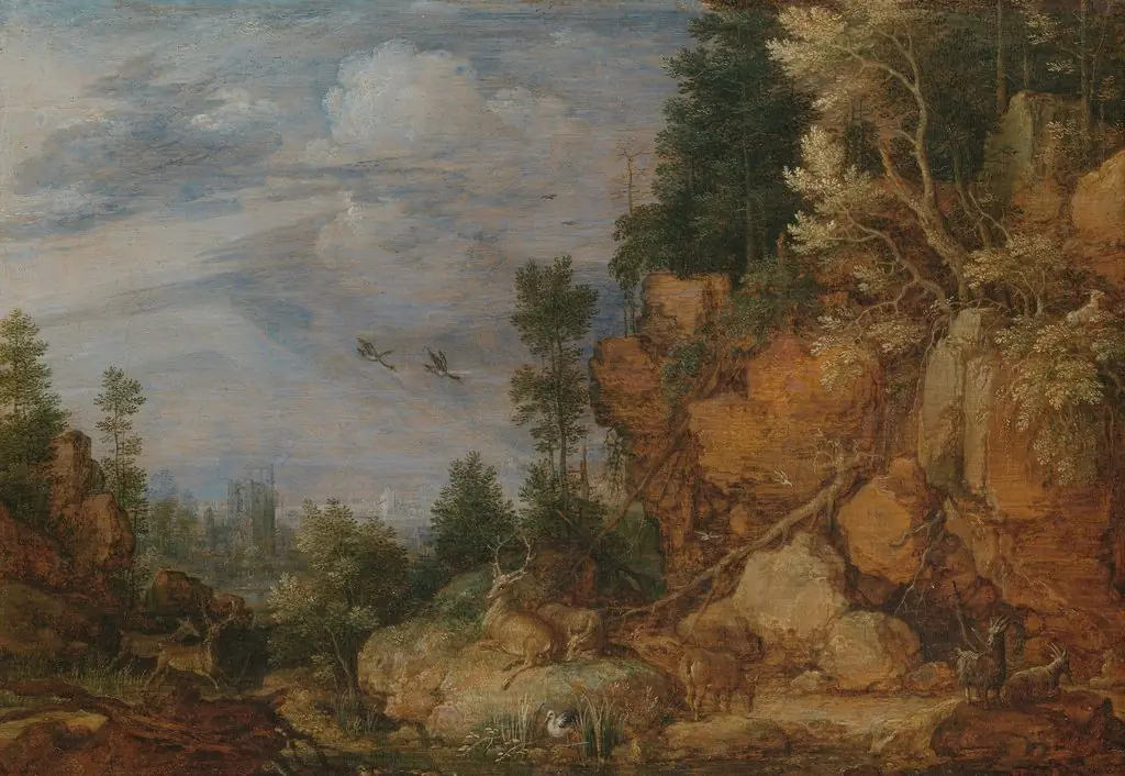 Rocky landscape with deer and goats, by Gillis d'Hondecoeter