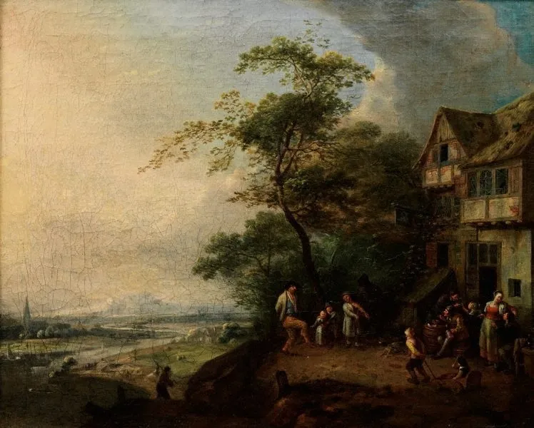 Scene before an inn, by Gillis de Winter, oil, 1690