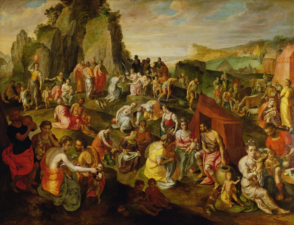 Moses strikes water from the rock, by Gillis Mostaert, oil, 1560