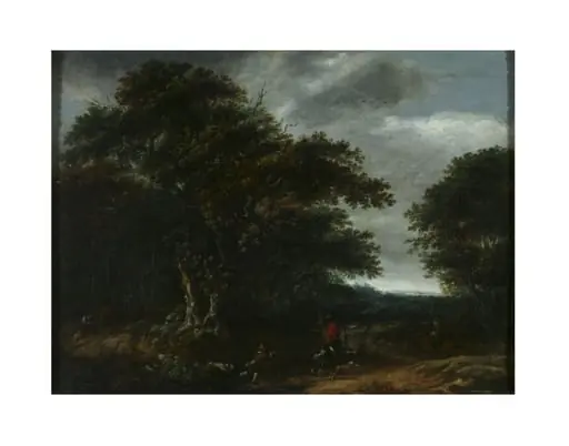 Landscape with stag hunt, by Gillis Rombouts