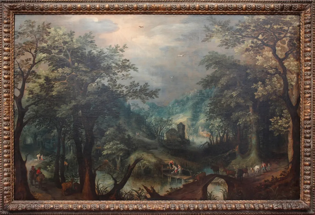 Wooded landscape with a river and cows on a bridge, by Gillis van Coninxloo, oil, 1592