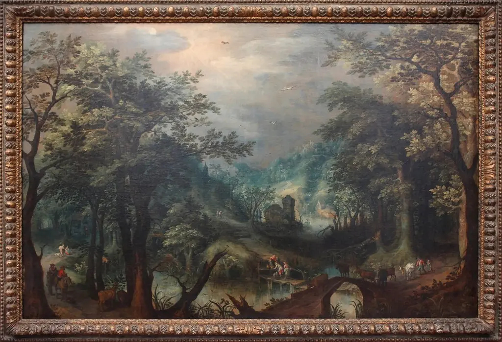 Wooded landscape with a river and cows on a bridge, by Gillis van Coninxloo
