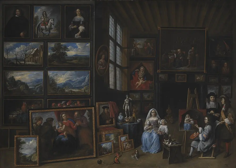 Et billedgalleri med en kunstner, der maler en kvinde og en pige. Allegori over malerkunsten, by Gillis van Tilborgh