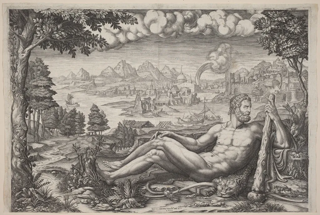 Hercules Resting from His Labors, by Giorgio Ghisi, ink, 1567