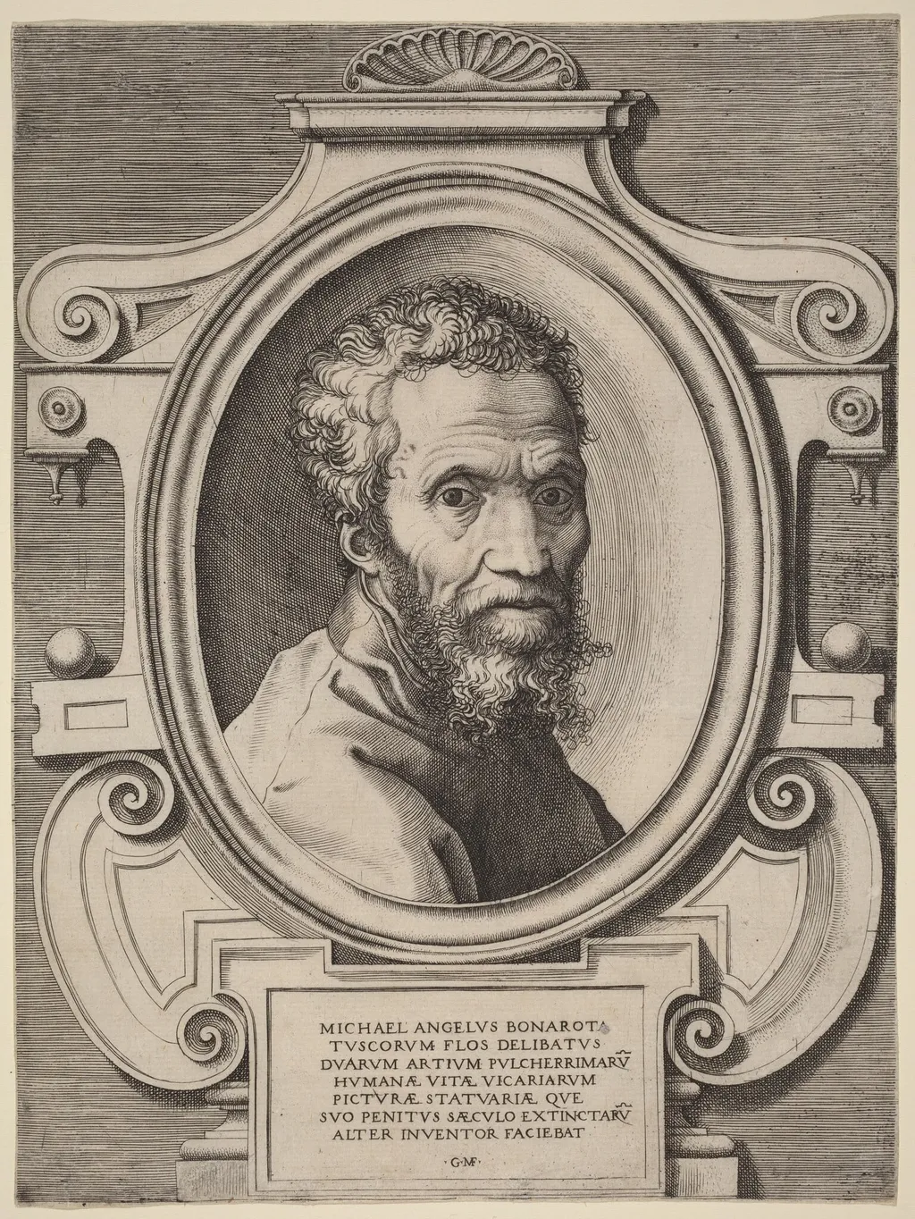 Michelangelo Buonarroti, by Giorgio Ghisi, ink, 1564