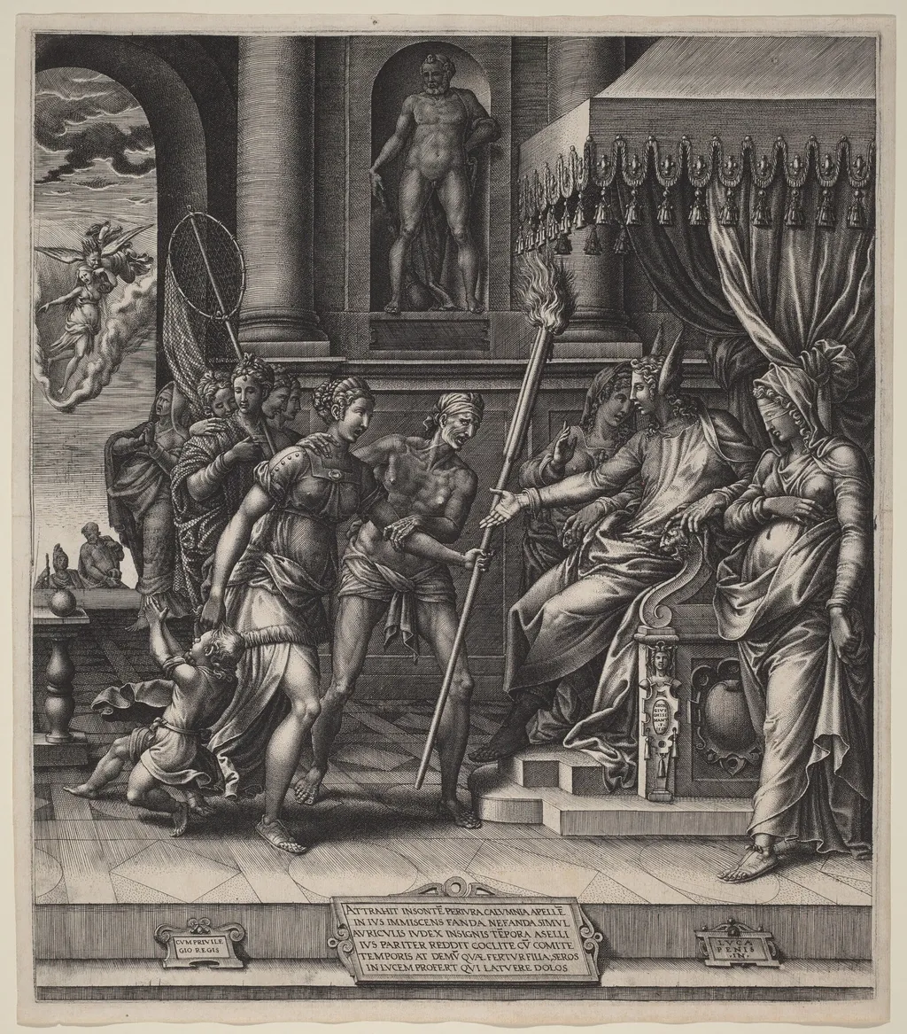 The Calumny of Apelles, by Giorgio Ghisi, ink, 1560