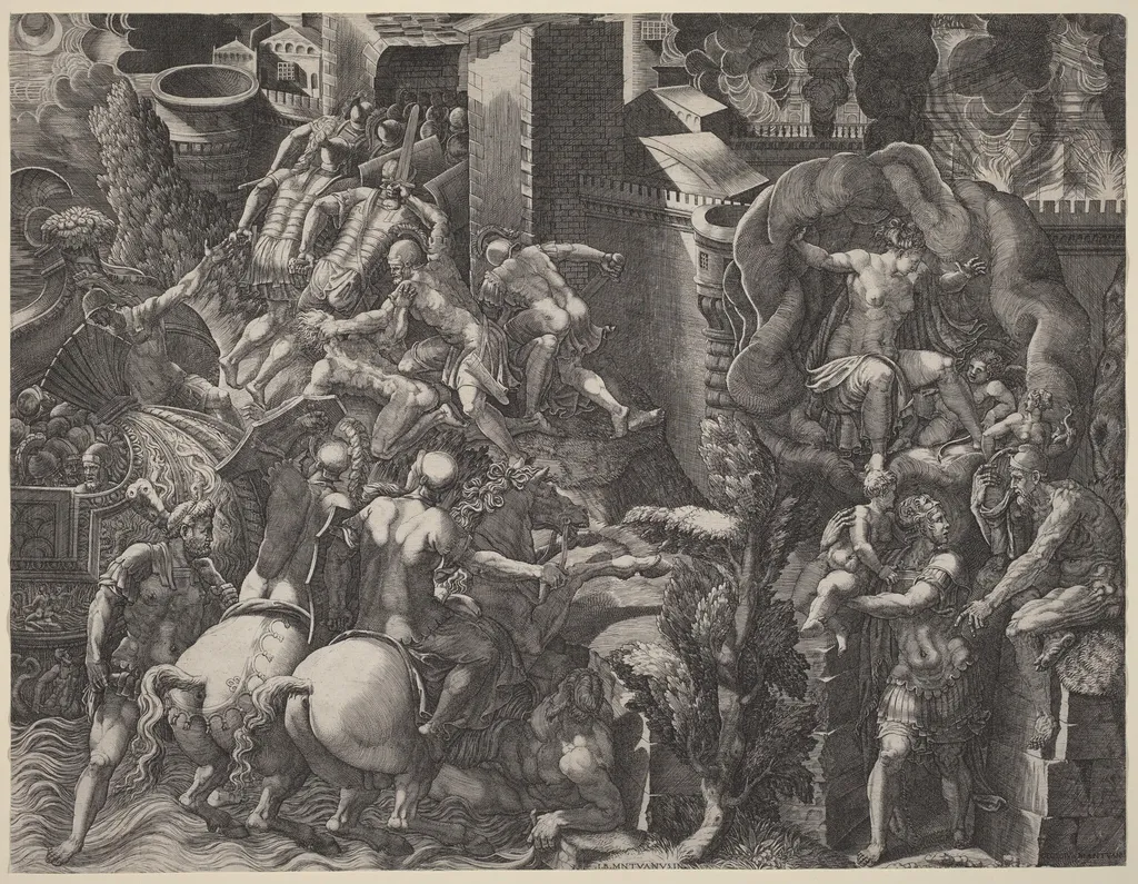 The Fall of Troy and the Escape of Aeneas, by Giorgio Ghisi, ink, 1545