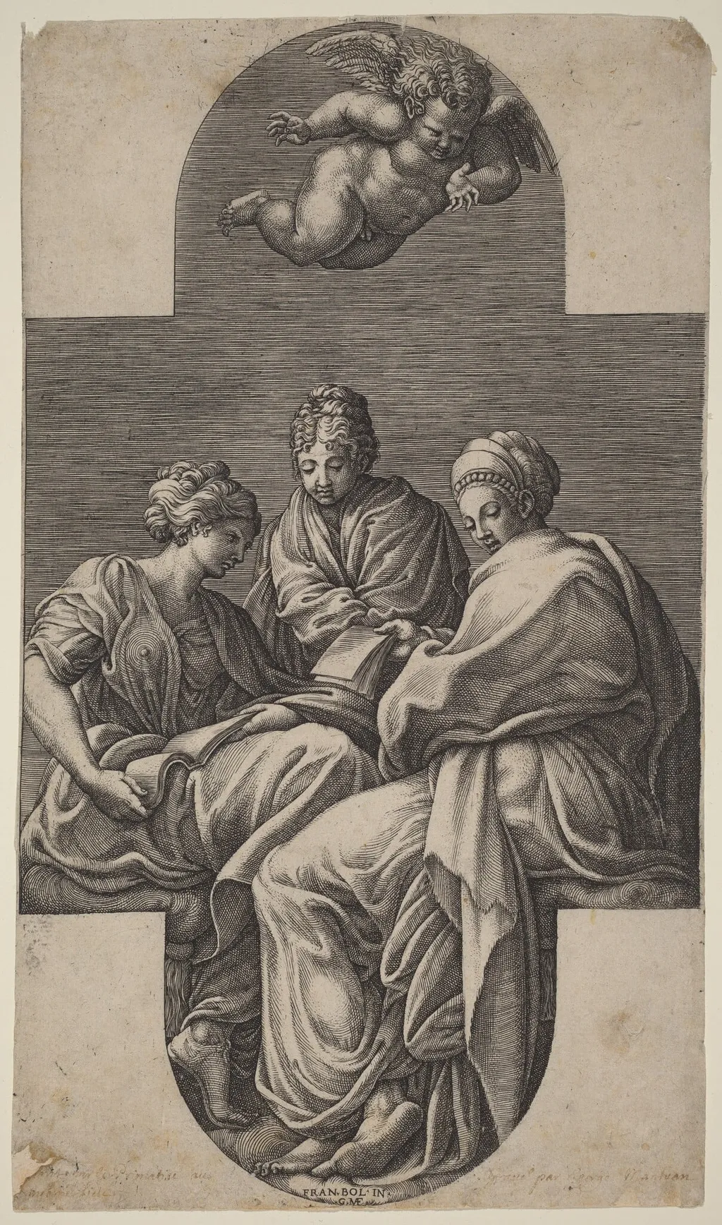 Three Muses and a Gesturing Putto, by Giorgio Ghisi, ink, 1564