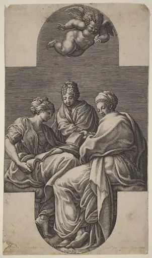Three Muses and a Gesturing Putto, by Giorgio Ghisi