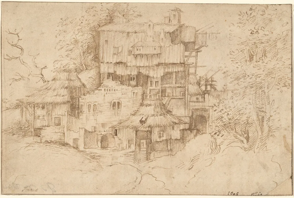 A Complex of Rustic Houses Built Over Ruins, by Giorgione, ink