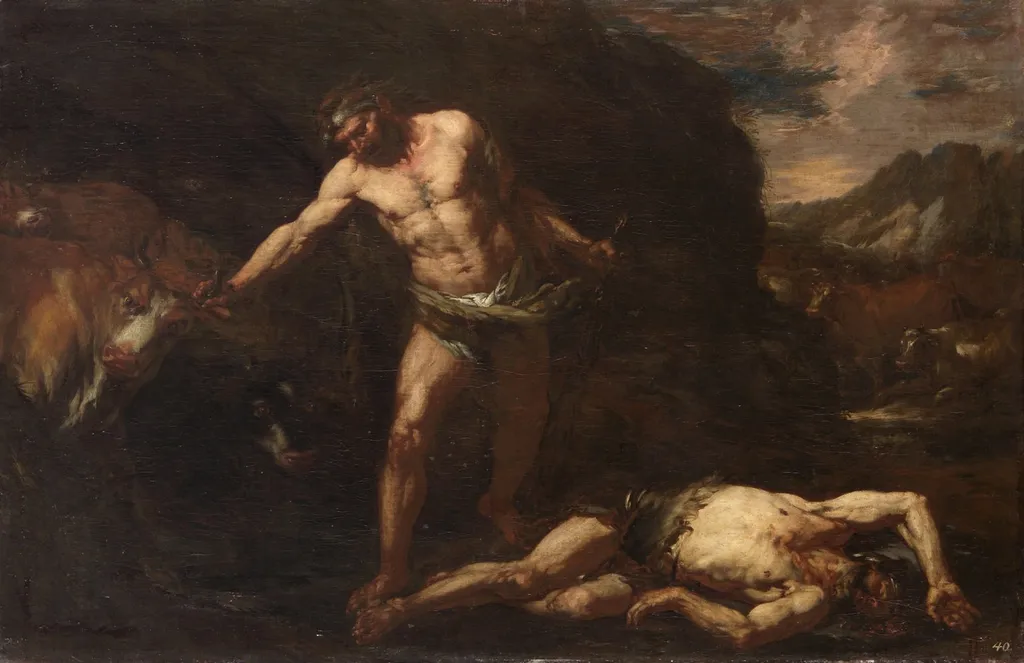 Hercules tötet den Riesen Cacus und raubt die Rinder des Geryoneus, by Giovan Battista Langetti, unspecified, 1660
