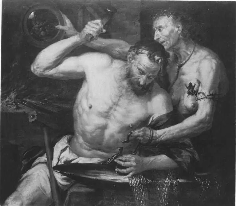 Vulcan forges the net for Venus and Mars, by Giovan Battista Langetti
