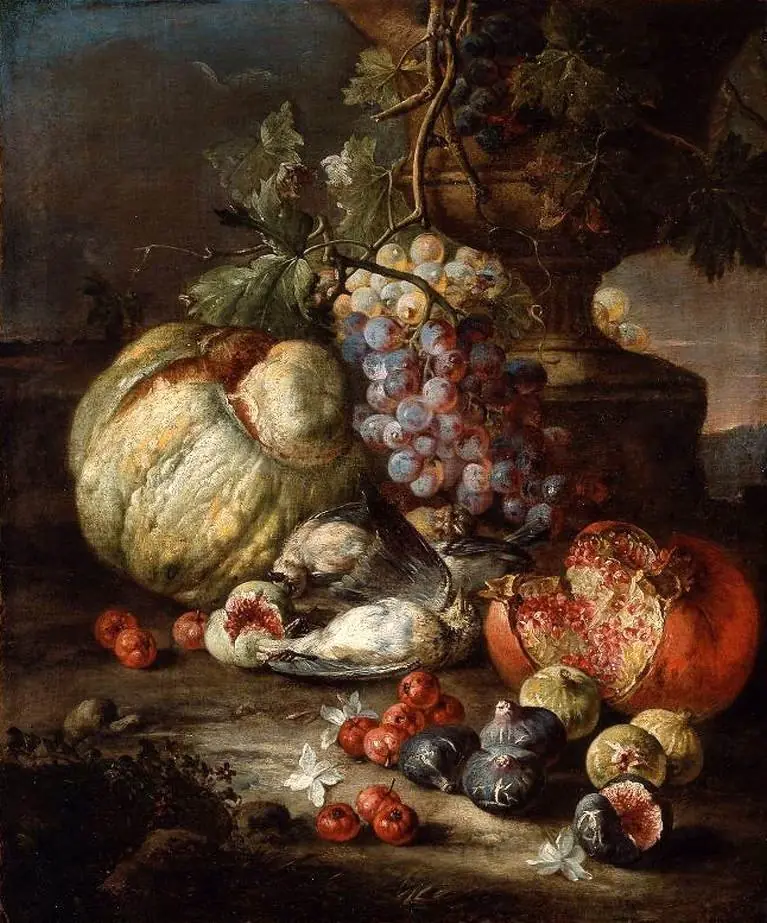 Still Life with Fruit and Dead Birds in a Landscape, by Giovan Battista Ruoppolo