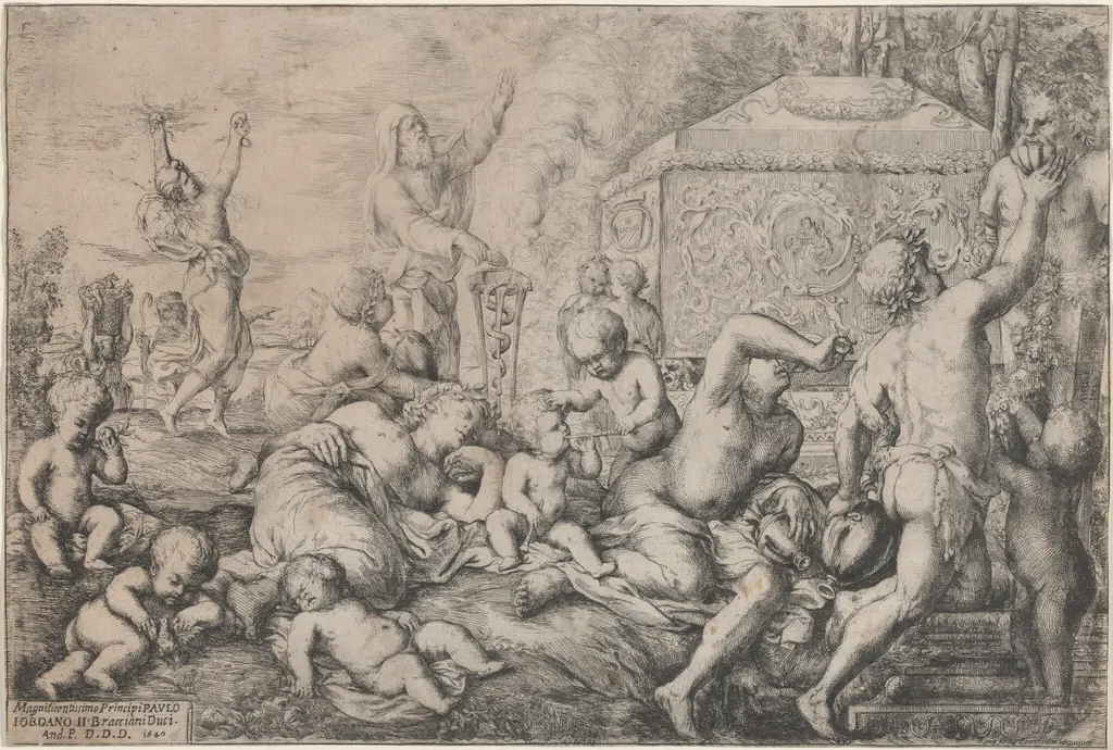 Bacchanal with Altar, Faun, and Silenus, by Giovanni Andrea Podestà, ink, 1640