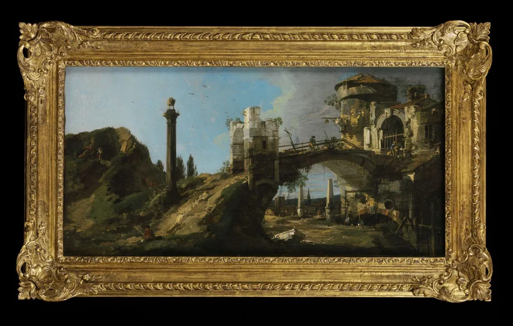Capriccio: Ruined Bridge with Figures, by Giovanni Antonio Canaletto, oil, 1746