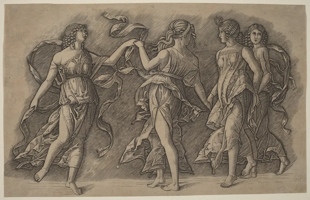 Four Dancing Muses, by Giovanni Antonio da Brescia, ink, 1502