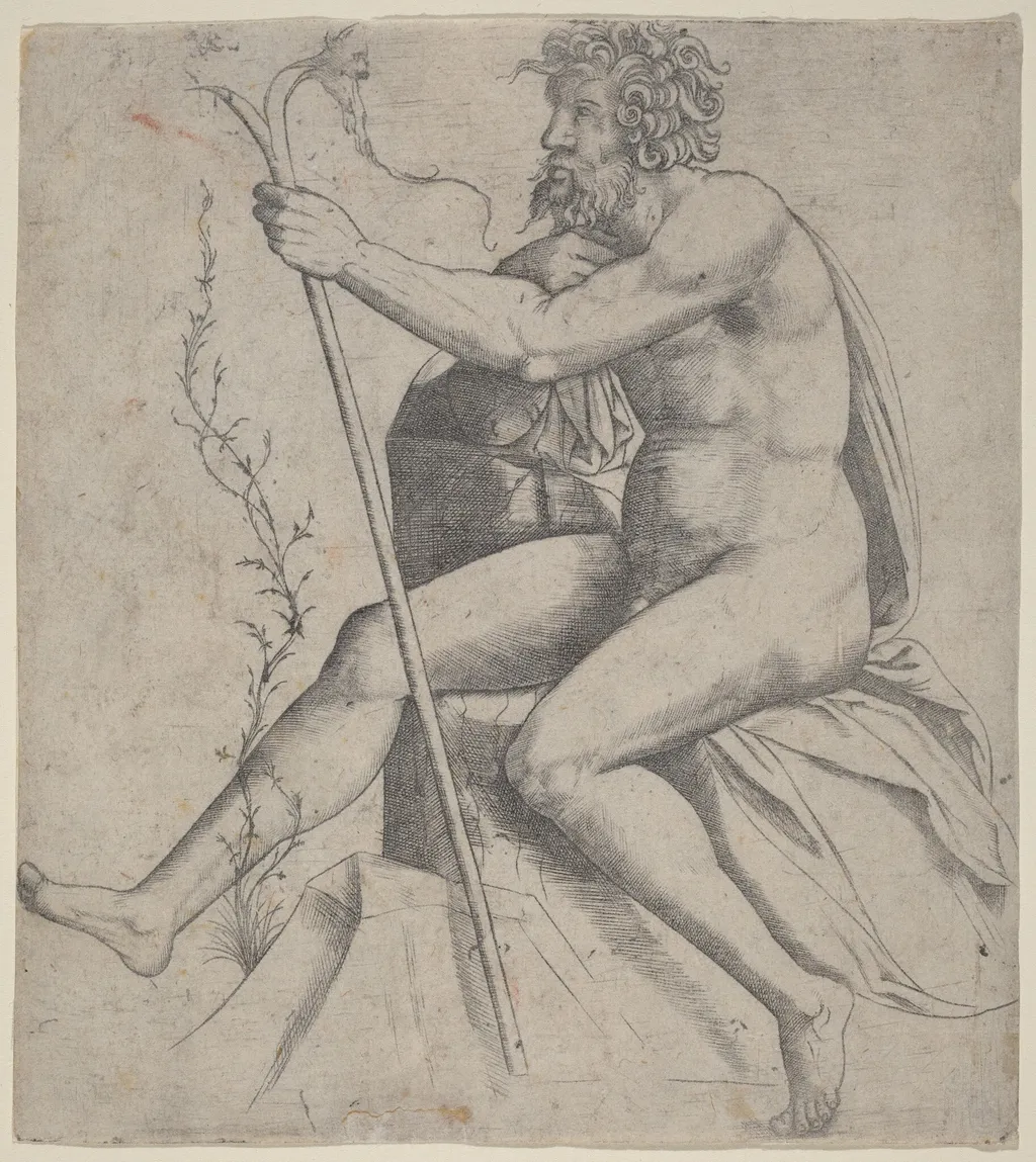 Man Seated Holding a Forked Staff, by Giovanni Antonio da Brescia, ink, 1514