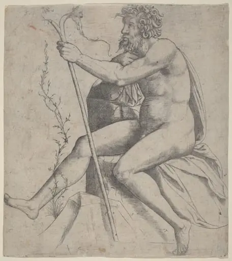Man Seated Holding a Forked Staff, by Giovanni Antonio da Brescia