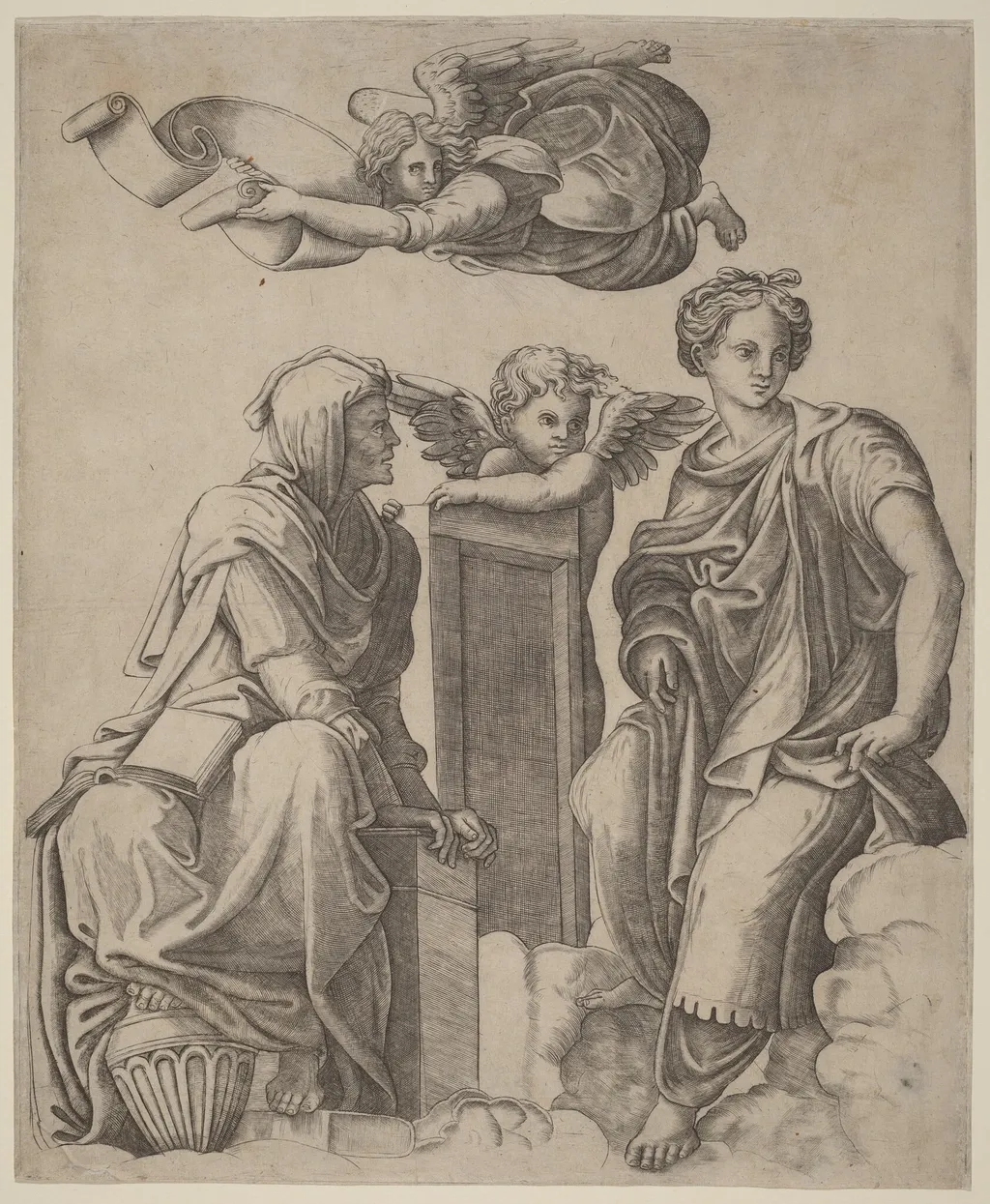 Two Sibyls and an Angel, by Giovanni Antonio da Brescia, ink, 1522