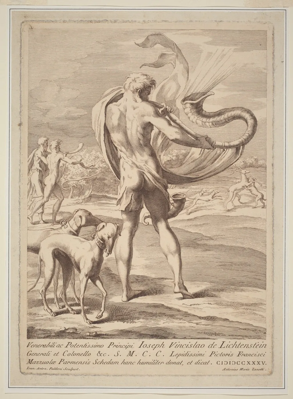 Nude Man Blowing a Conch, by Giovanni Antonio Faldoni, ink, 1735