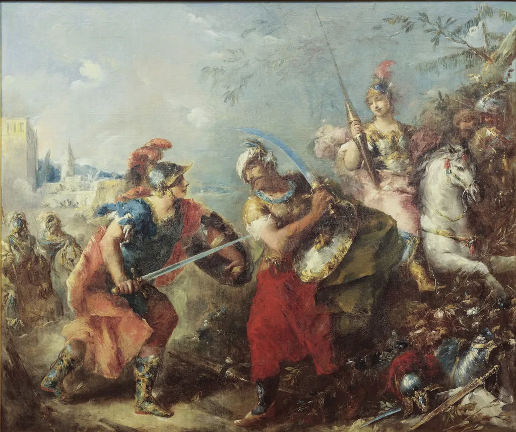 The Fight between Tancred and Argante With Clorinda in the Background, by Giovanni Antonio Guardi, oil, 1737